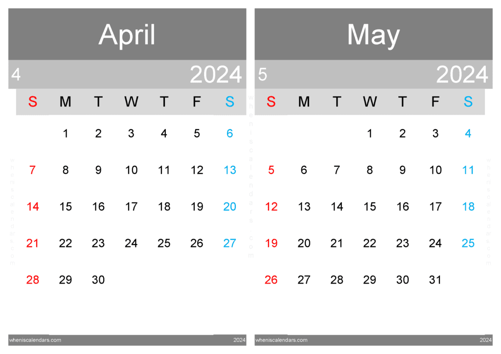 Download 2024 April and May Calendar A4 AM435