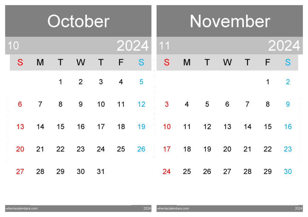Download 2024 October and November Calendar A4 ON435