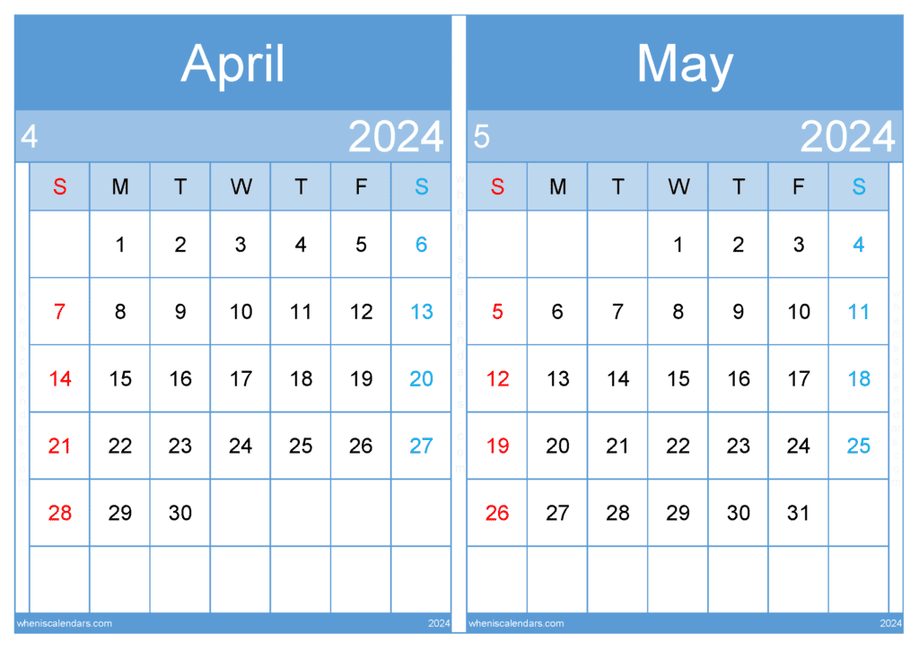 Download Calendar 2024 April and May A4 AM436