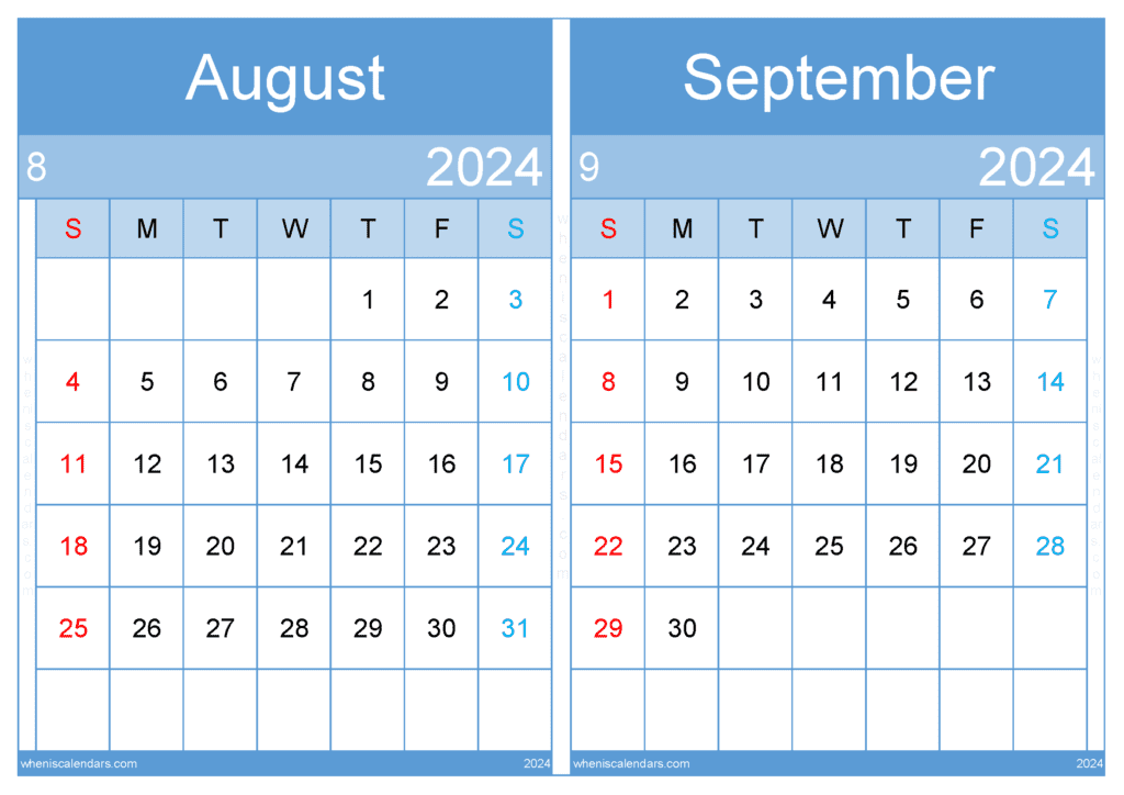 Download Calendar 2024 August and September A4 AS436