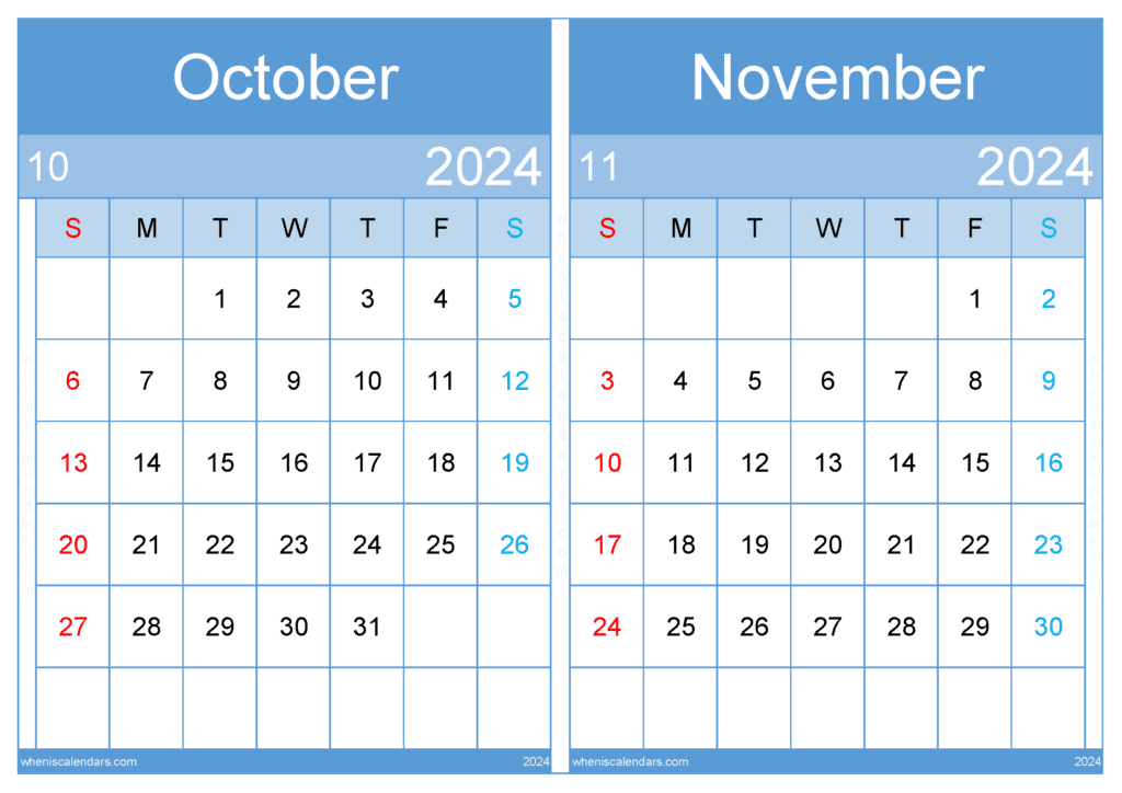 Download Calendar 2024 October and November A4 ON436