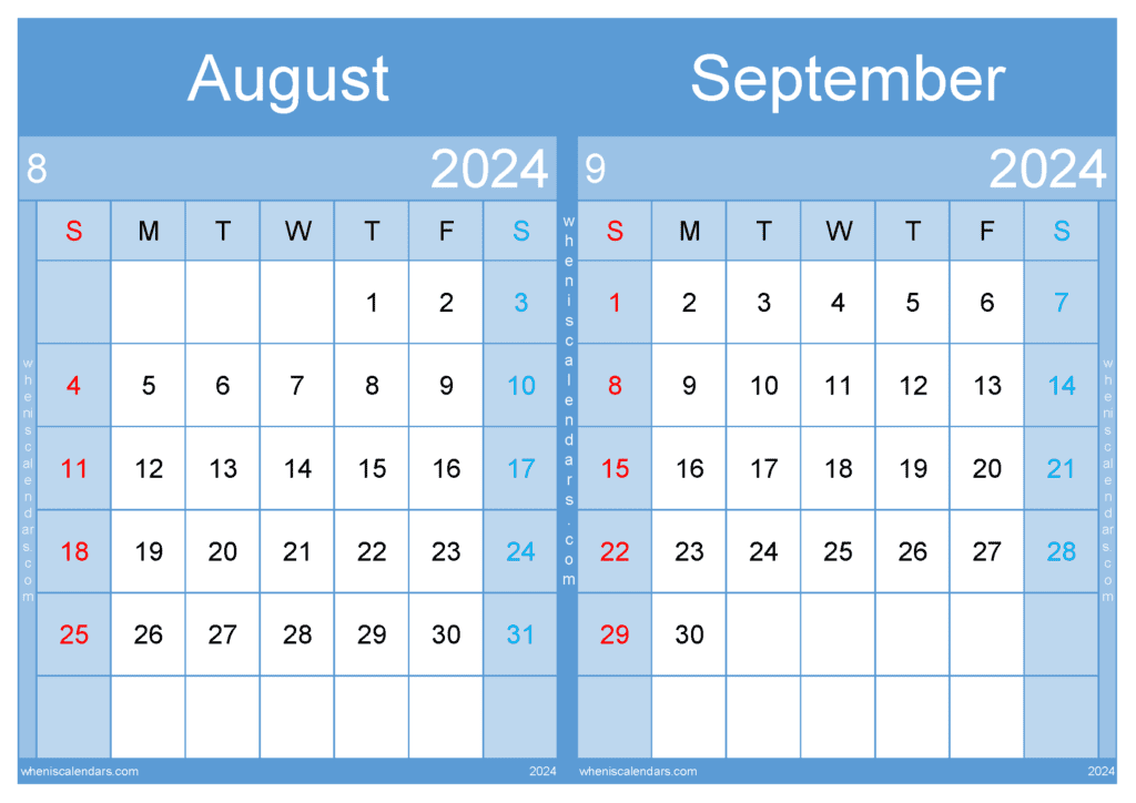 Download Calendar for August September 2024 A4 AS437