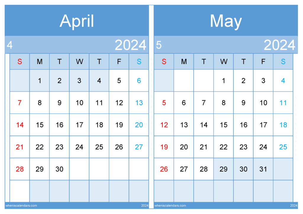 Download April May Calendar printable 2024 A4 AM439