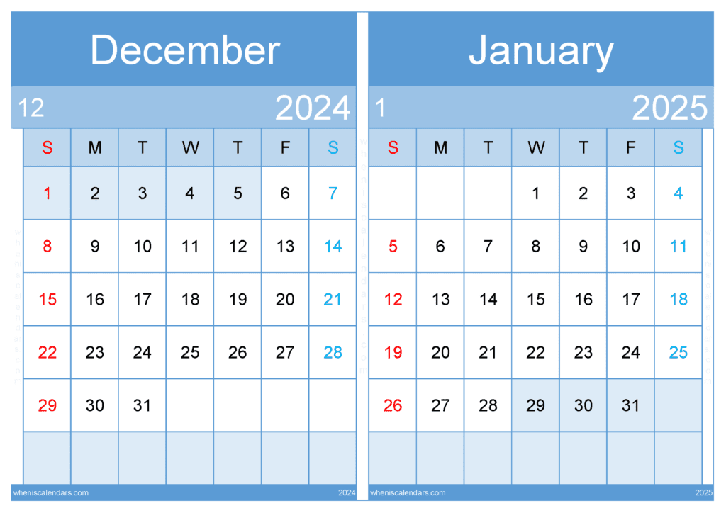 Download December 2024 January 2025 Calendar printable A4 D4J539