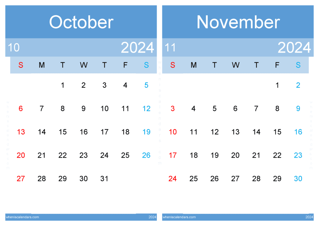 Download printable Calendar for October and November 2024 A4 ON440