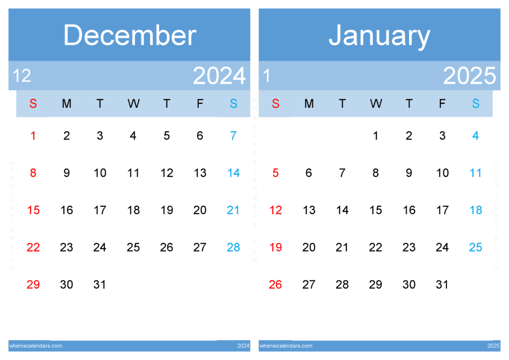 Download printable Calendar for Dec 2024 and Jan 2025 A4 D4J540