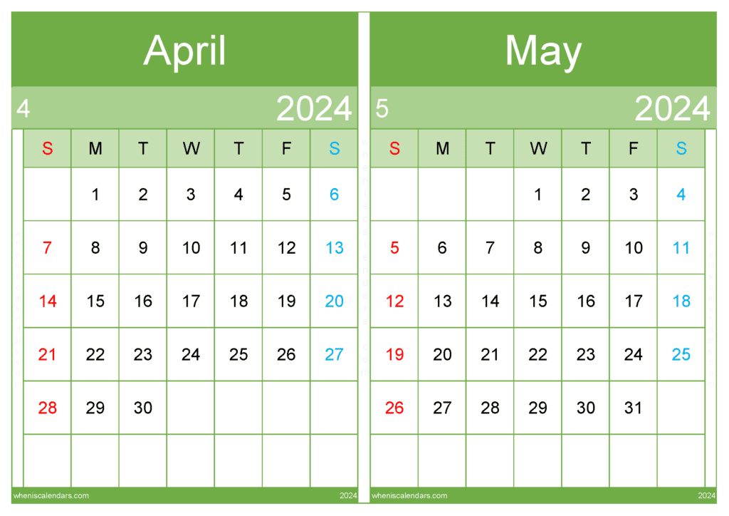 Download April and May Calendar printable 2024 A4 AM441