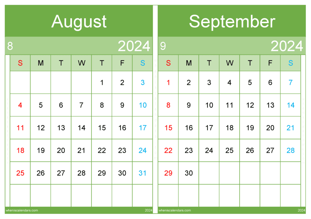 Download August and September Calendar printable 2024 A4 AS441