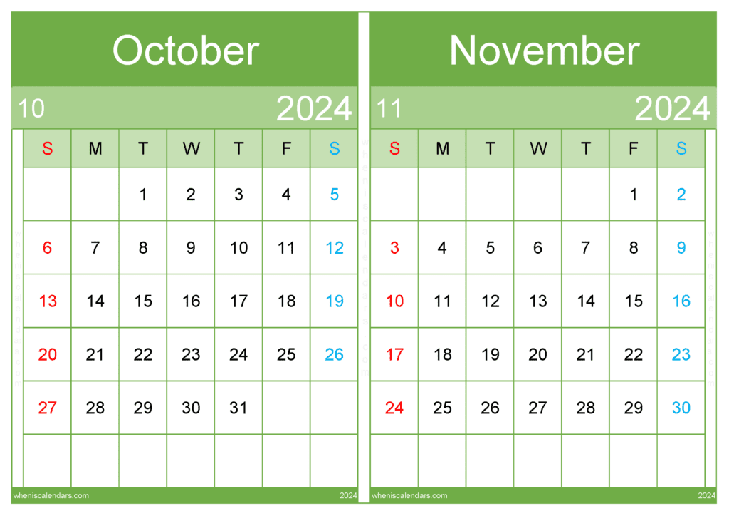 Download October and November Calendar printable 2024 A4 ON441