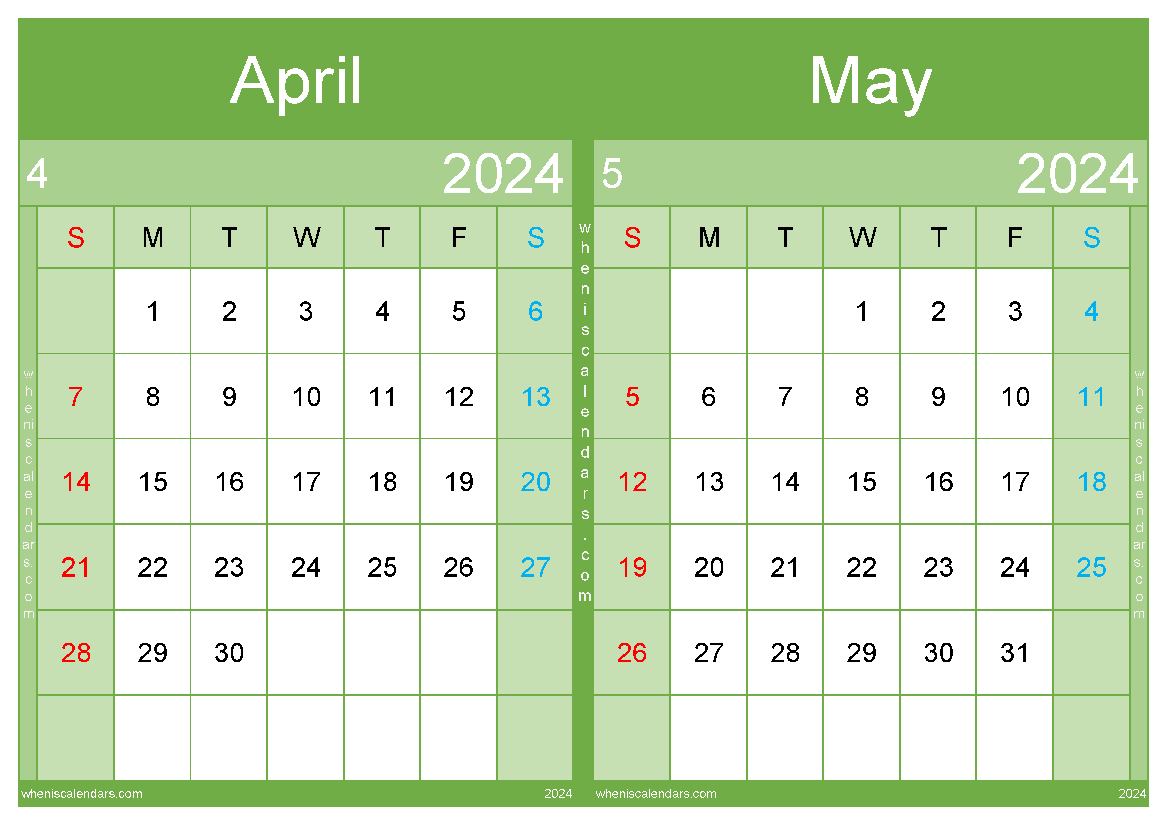 Download April May Calendar 2024 Free Printable A4 AM442