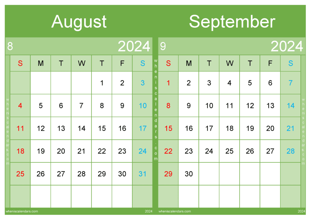 Download August September Calendar 2024 Free Printable A4 AS442
