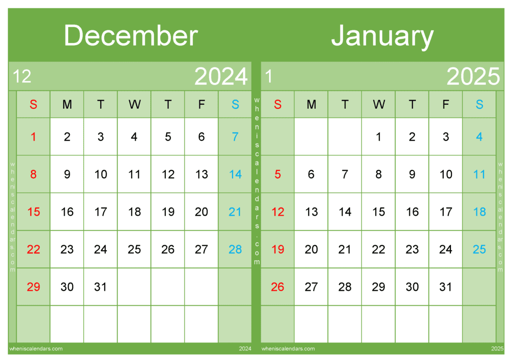 Download December 2024 January 2025 Calendar Free Printable A4 D4J542