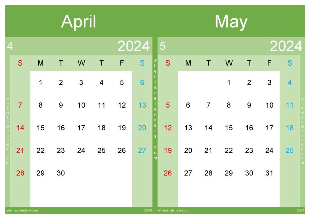 Download 2024 Apr May Calendar A4 AM443