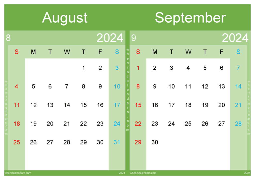 Download 2024 Aug Sept Calendar A4 AS443