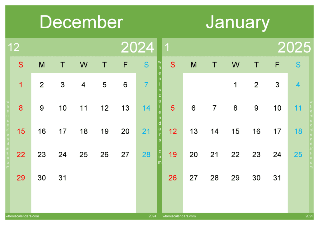 Download Dec 2024 Jan 2025 Calendar A4 D4J543
