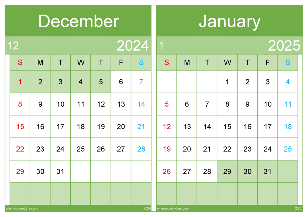 Download Dec 2024 and Jan 2025 Calendar A4 D4J544