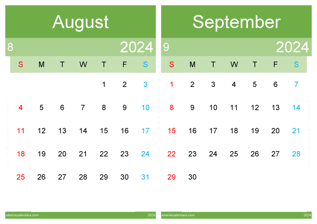 Download printable Calendar Aug Sept 2024 A4 AS445