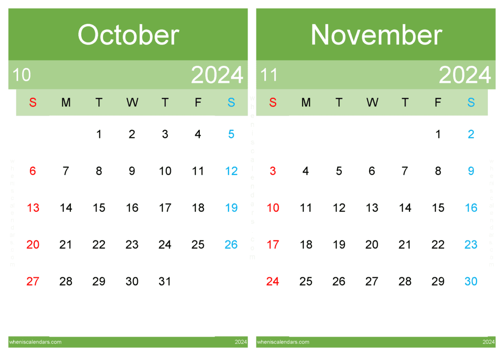 Download printable Calendar Oct Nov 2024 A4 ON445