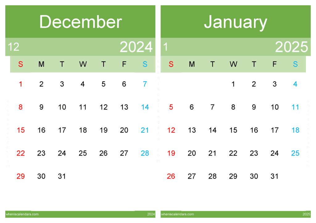 Download printable Calendar Dec 2024 Jan 2025 A4 D4J545