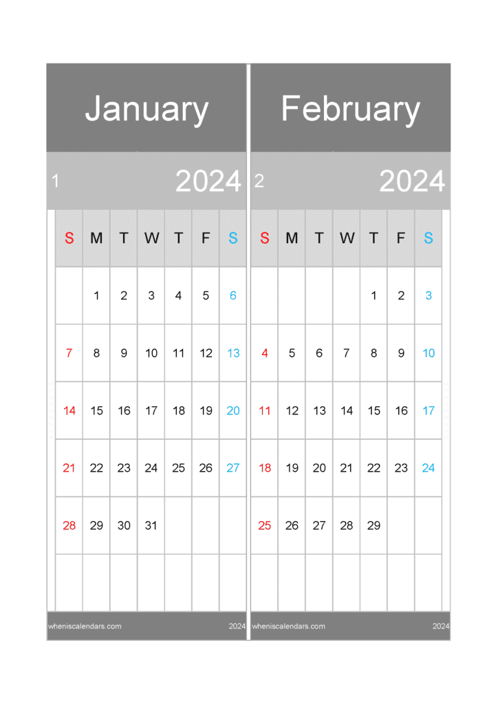 Download printable calendar Jan and Feb 2024 A4 JF242046
