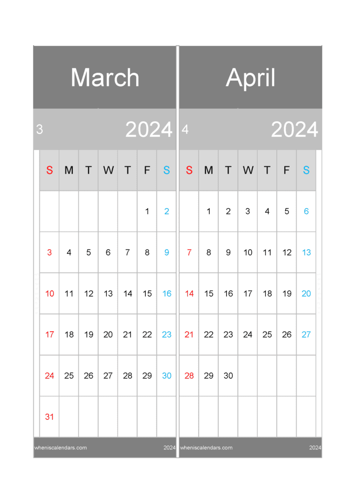 Download printable Calendar Mar and Apr 2024 A4 MA446
