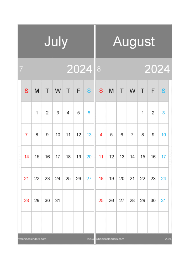 Download printable Calendar Jul and Aug 2024 A4 JA446