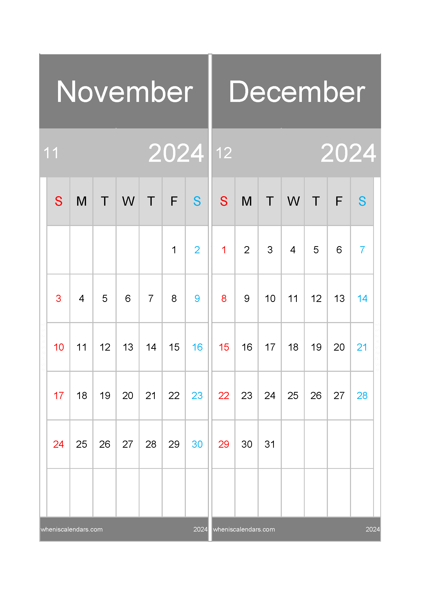 Download printable Calendar Nov and Dec 2024 A4 ND446