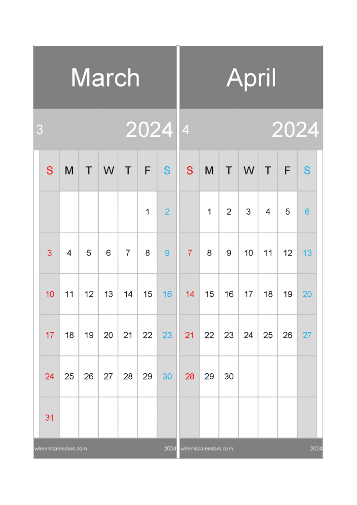 Download Calendar for the month of March and April 2024 A4 MA447