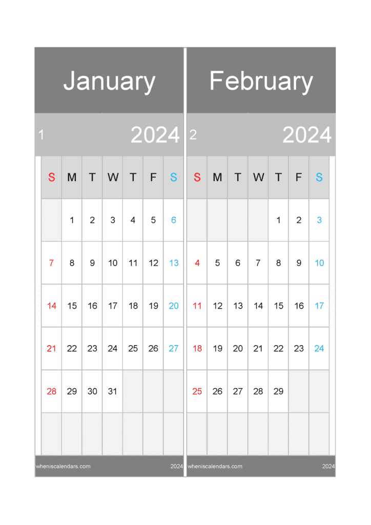 Download calendar for January and February 2024 A4 JF242019