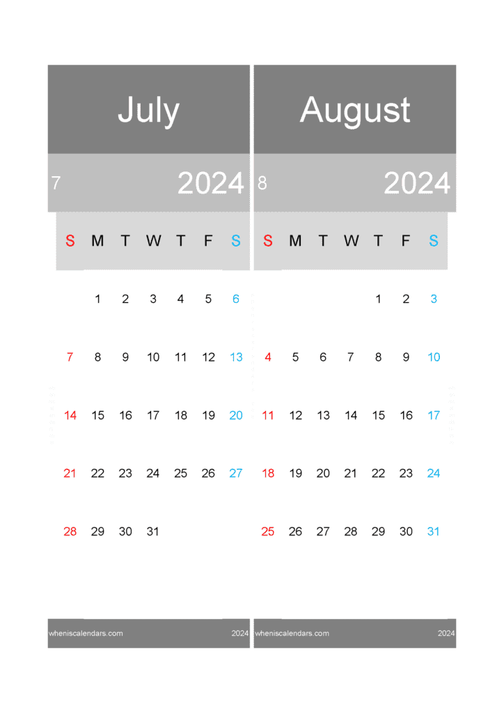 Download Jul and August Calendar 2024 A4 JA420
