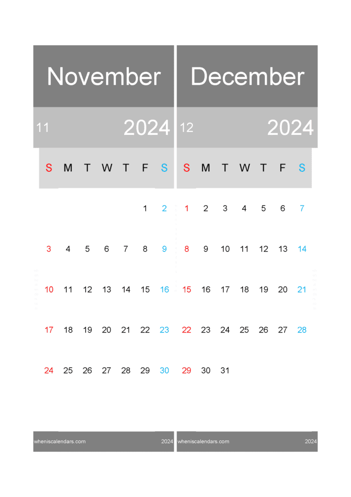 Download Nov and December Calendar 2024 A4 ND420