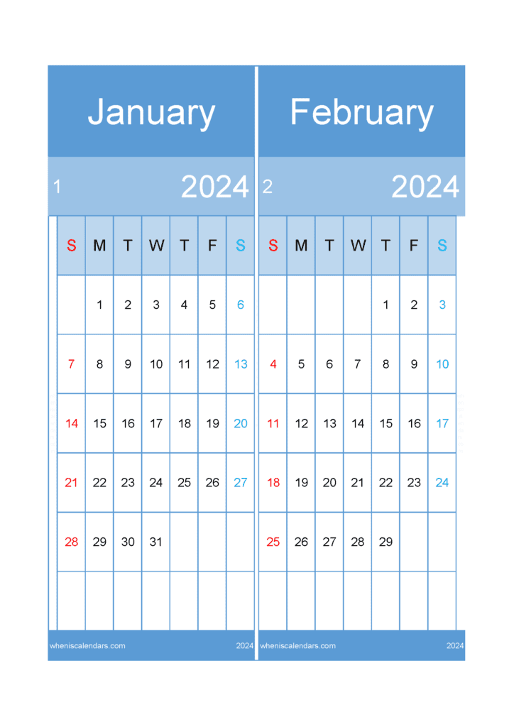 Download calendar Jan and February 2024 A4 JF242021