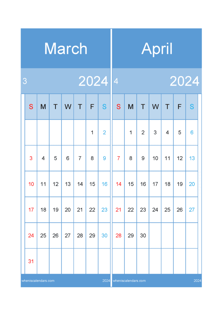 Download Calendar Mar and April 2024 A4 MA421