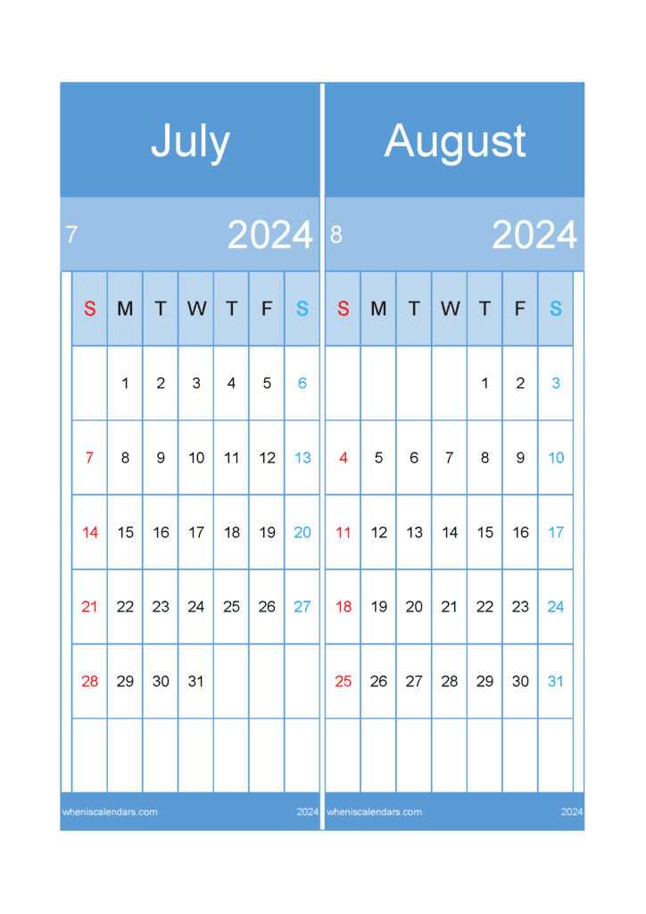 Download Calendar Jul and August 2024 A4 JA421