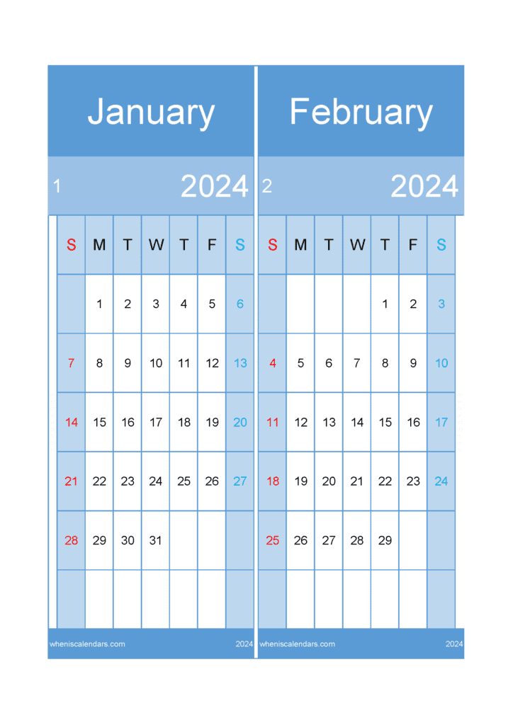 Download 2024 January February calendar A4 JF242022