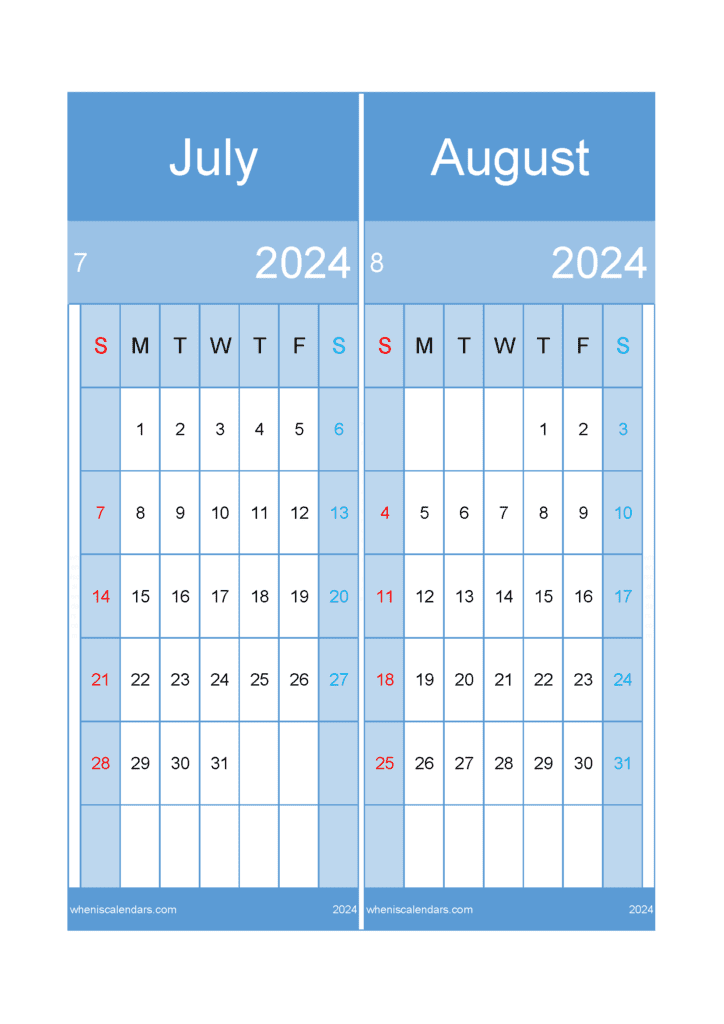Download 2024 July August Calendar A4 JA422