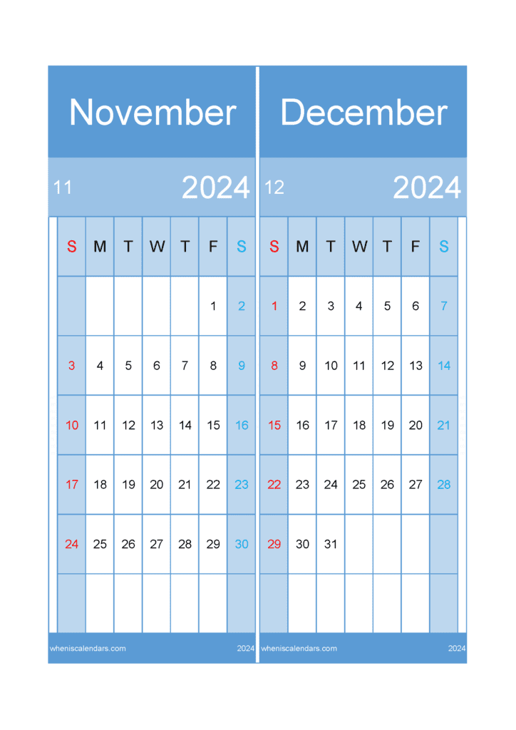 Download 2024 November December Calendar A4 ND422