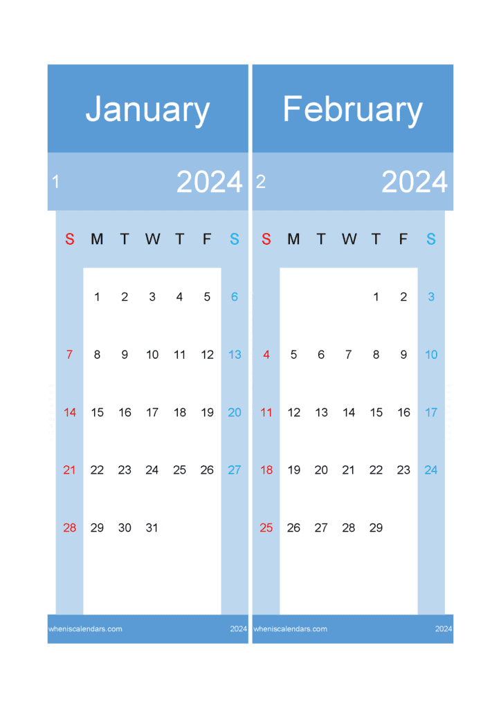 Download 2024 calendar January February A4 JF242023