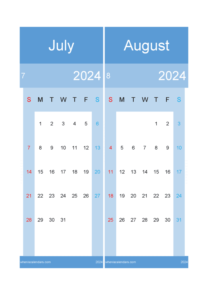 Download 2024 Calendar July August A4 JA423