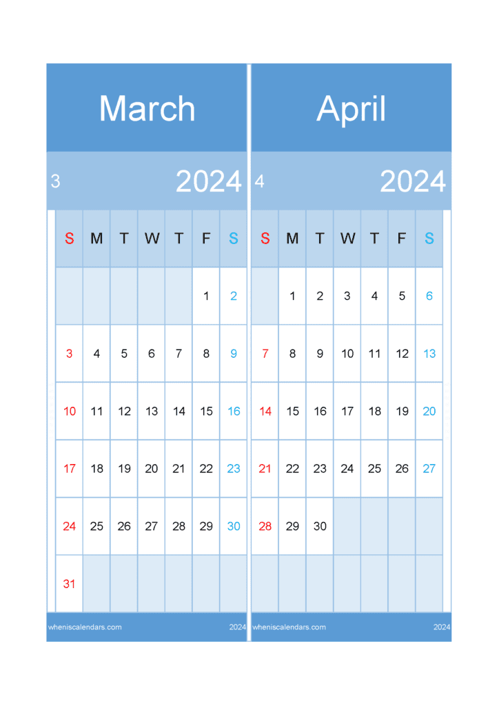 Download March to April 2024 Calendar A4 MA424