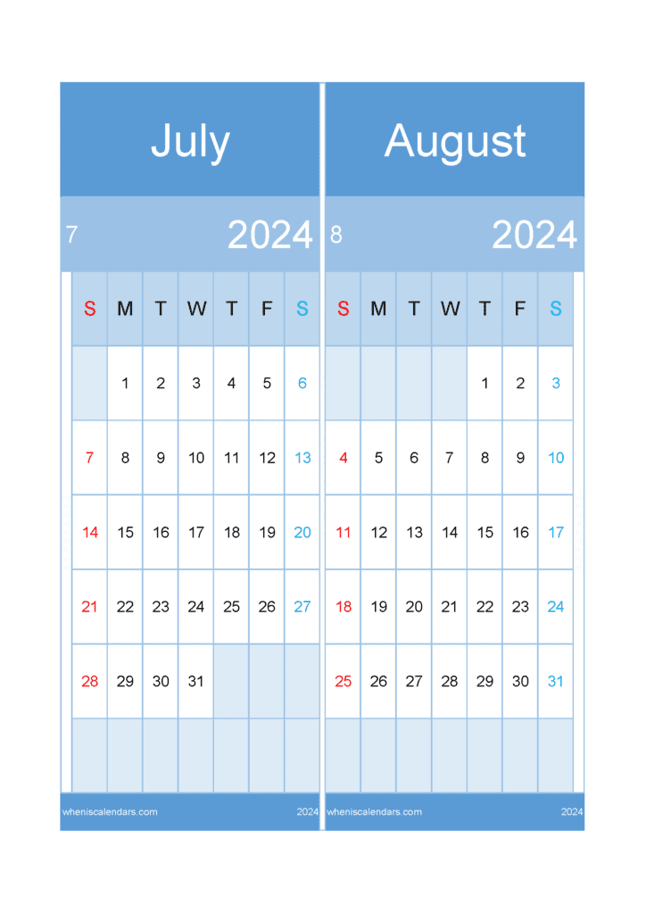 Download July to August 2024 Calendar A4 JA424