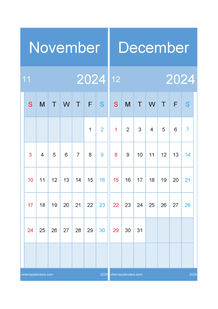 Download November to December 2024 Calendar A4 ND424