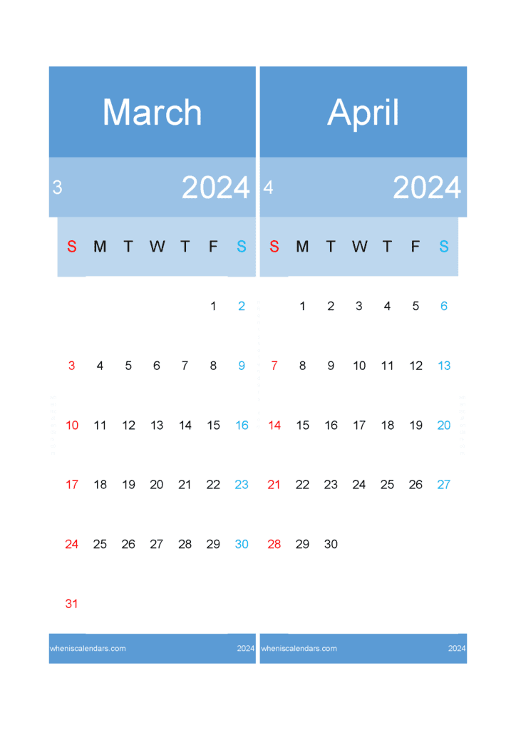 Download March to April Calendar 2024 A4 MA425