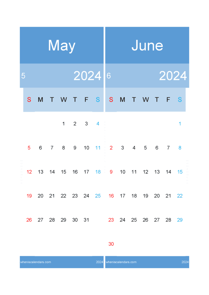 Download May to June Calendar 2024 A4 MJ425
