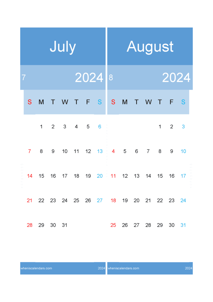 Download July to August Calendar 2024 A4 JA425