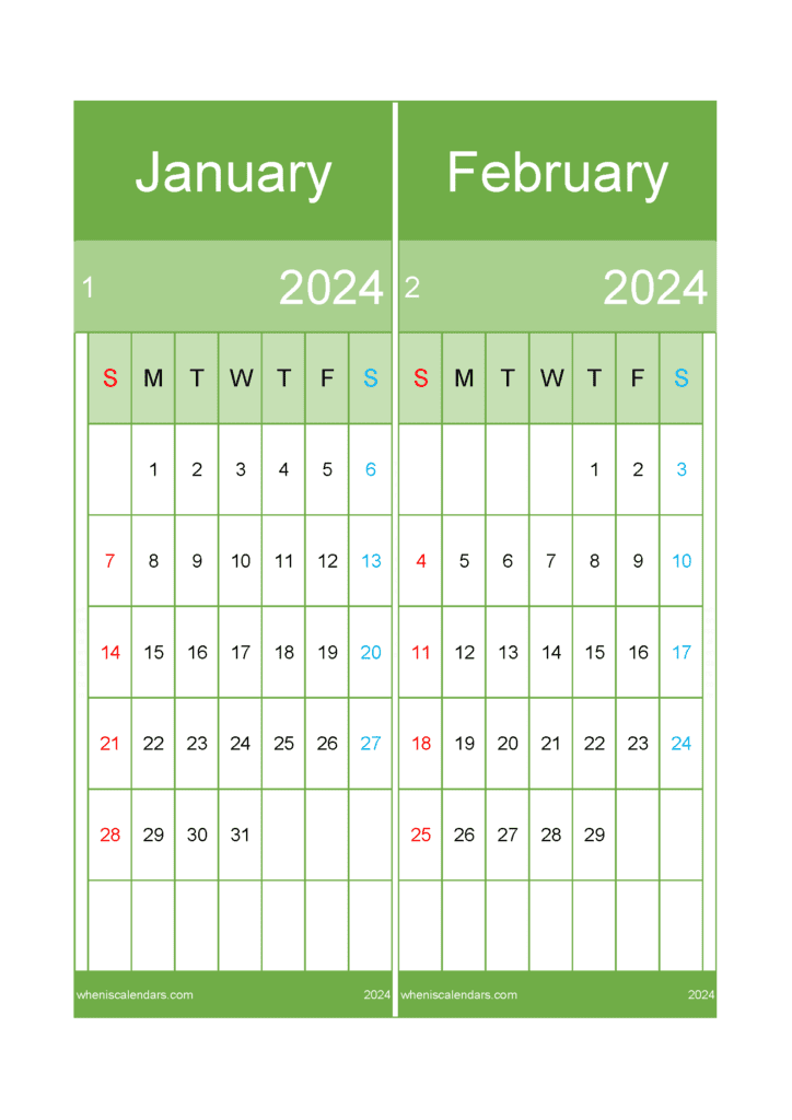 free January February Calendar 2024 printable two-month calendar