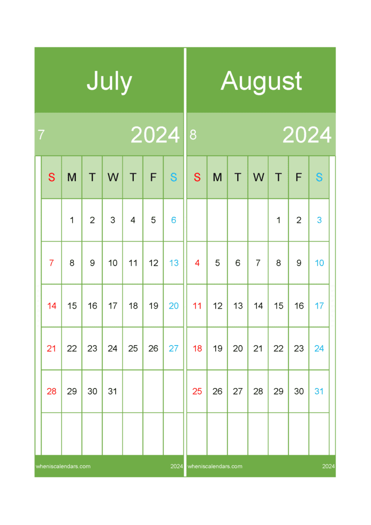 Download Jul and August Calendar 2024 A4 JA426