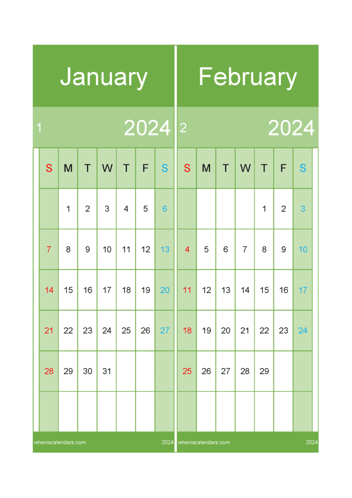 Download free January February 2024 Calendar printable