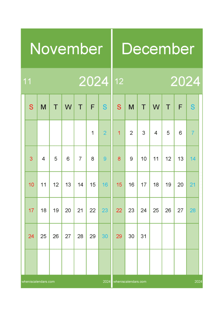 Download free November December 2024 Calendar printable