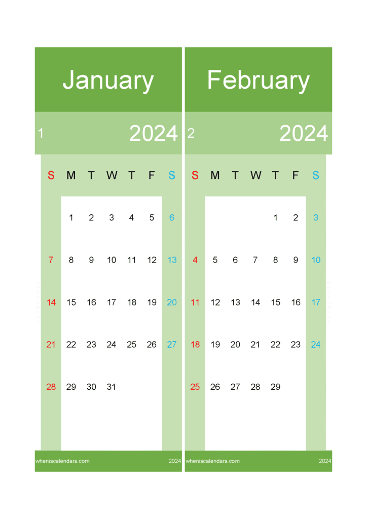 Download calendar 2024 Jan February A4 JF242028